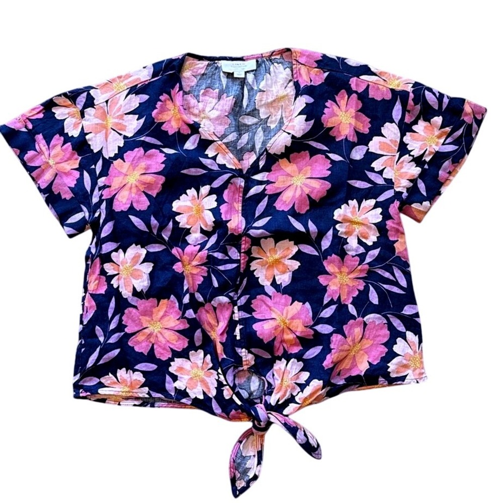 Charter Club Linen Floral Print Button Front Tie Waist Short Sleeve Blouse M